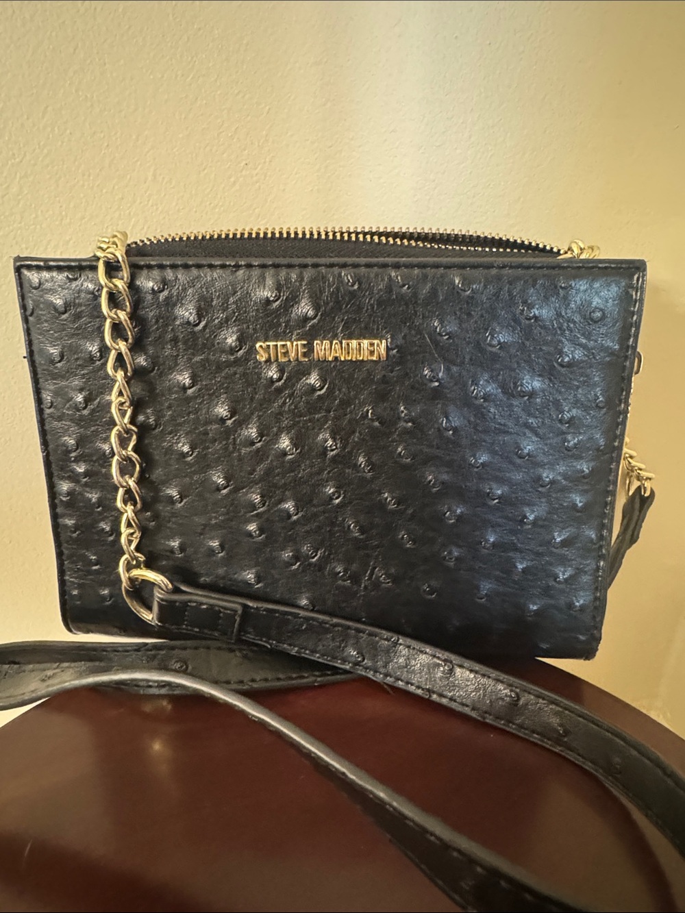 Steve Madden Black Textured Crossbody with Gold Chain Strap